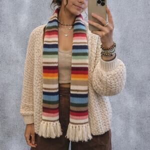 Vintage Hand Knit Striped Scarf Made in Korea Multicolor Fringe